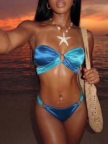 Vaytide Summer Beach Two Tone Bikini Set O-Ring Detail Bandeau Wireless Bra Top & Cheeky Bikini Bottom 2 Piece Bathing Suit - Blue - View 2