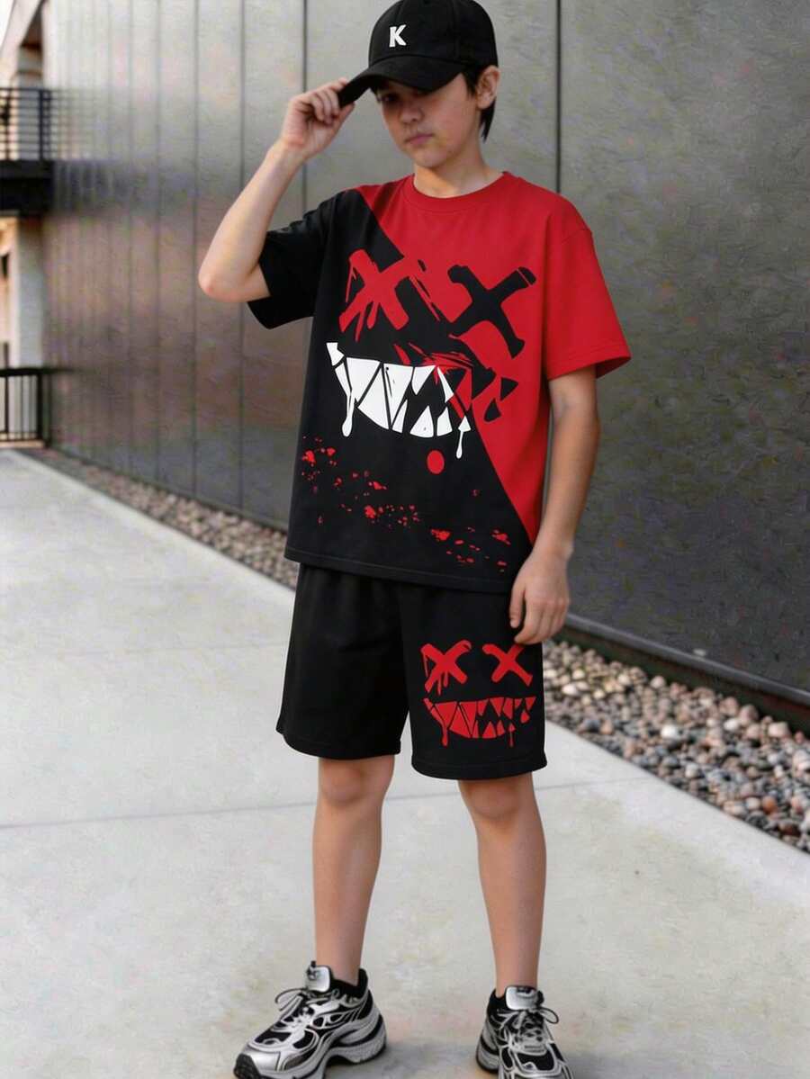 SHEIN Tween Boy Patchwork Color Round Neck Short Sleeve T-Shirt And Shorts Casual Daily Outfit Set - Multicolor - View 1