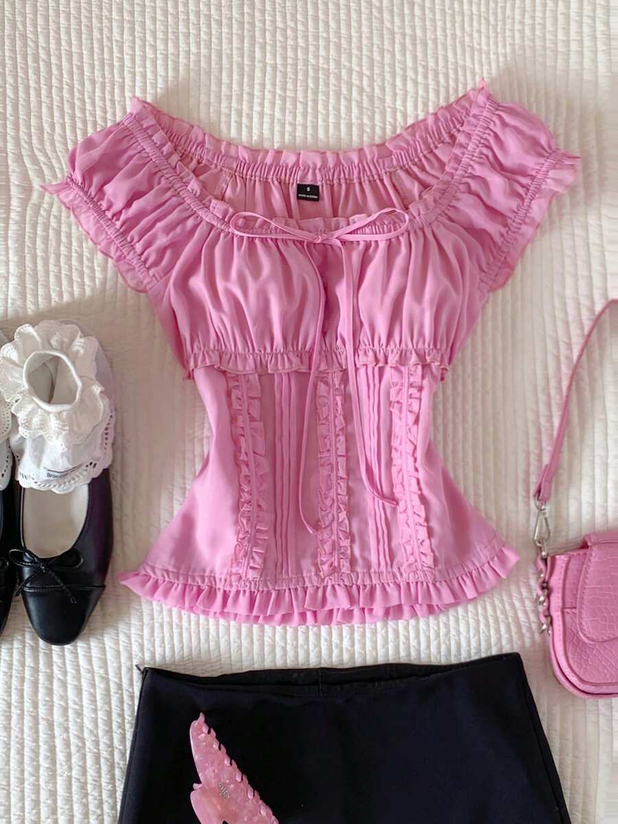 Comfortcana 女士纯色荷叶边前系带短袖休闲衬衫 - 藕粉色 - 查看 1