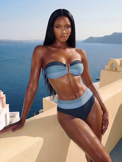 Vaytide 女士夏季海灘彩色拼接無肩帶比基尼套裝，印花（隨機）泳裝，2件套組