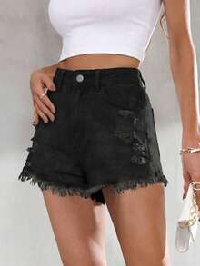 SHEIN ICON Quần short denim nữ cỡ lớn, có túi, cài nút, gấu quần tua rua, kiểu dáng thường ngày, đa năng. - màu đen - Xem 3