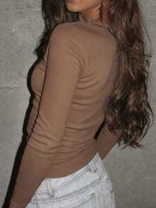 Rina Fox 女士时尚休闲优雅可爱别致条纹蕾丝拼接长袖T恤 - 巧克力棕 - 查看 2