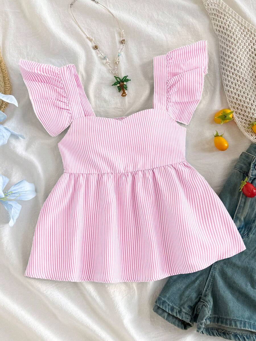 SHEIN Áo sơ mi nữ tuổi teen kiểu dáng đơn giản, thoải mái, cổ vuông, bèo nhún, kẻ sọc. - Hồng - Xem 1