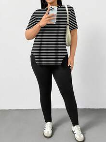 SHEIN Essnce 大码女式条纹短袖上衣和裤子休闲两件套 - 彩色 - 查看 3