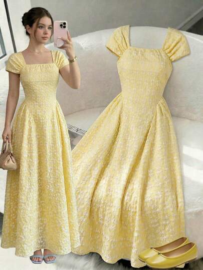 SHEIN Vestido de cuello cuadrado de manga corta con textura de encaje y cintura ceñida para adolescentes, elegante y apropiado para bodas, fiestas y reuniones