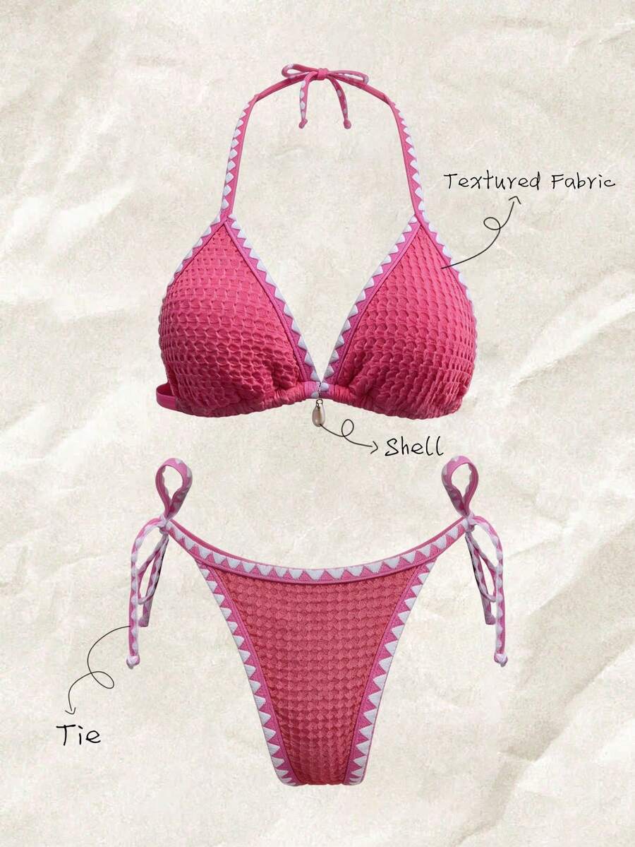 Elavelle Bộ bikini 2 mảnh vải jacquard màu trơn có viền bèo nhún dành cho nữ, màu hồng, mùa hè - Hồng - Xem 1