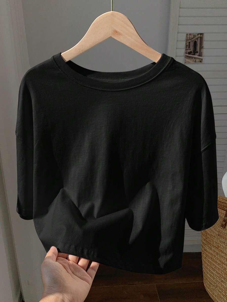 Comfortcana Solid Color Crew Neck Casual Short Sleeve T-Shirt, Summer - Black - View 1