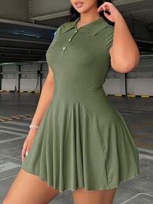Flirla Plus Size Casual Collared Short Sleeve A-Line Dress - Army Green - View 4