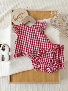 SHEIN 女婴夏季休闲可爱碎花撞色蝴蝶结装饰荷叶边袖口上衣和短裤套装 - 紅色 - 查看 2