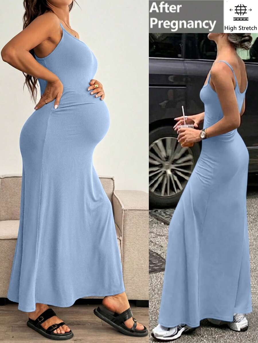 SHEIN Vestido de embarazo de unicolor con tirantes finos, ajustado y fruncido, de alta elasticidad y sin mangas - Celeste - Ver 1