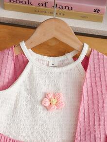 SHEIN Elladie kids 女童夏季三件套：无袖露脐上衣、直筒短裤和带腰带装饰的薄针织外套，休闲舒适 - 粉色 - 查看 6