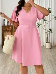 EMERY ROSE Đầm midi dáng chữ A cổ chữ V, tay phồng, cỡ lớn, tôn dáng. - Hồng - Xem 6