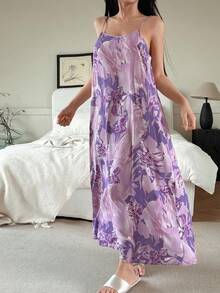 DAZY Floral Print Lightweight Long Slip Dress For Women, Vacation Style Pajama, Moo Moo Night Dress - Purple - View 3