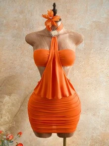 Zestiva Summer New Energetic Orange Solid Color Halter Neck Dress, Metal Decor Hollow Out Back Pleated Bodycon Mini Skirt, Suitable For Dragon Boat Festival, Vacation, Birthday Party, Sexy Vibe - Orange - View 6