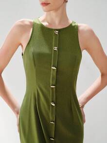 Aveloria Modichic Women's Olive Green Summer Elegant Tea Party Vacation Holiday Dress,Faux Linen Round Neck Asymmetric Metal Buckle Decor Waist Sleeveless Midi Dress - Green - View 1
