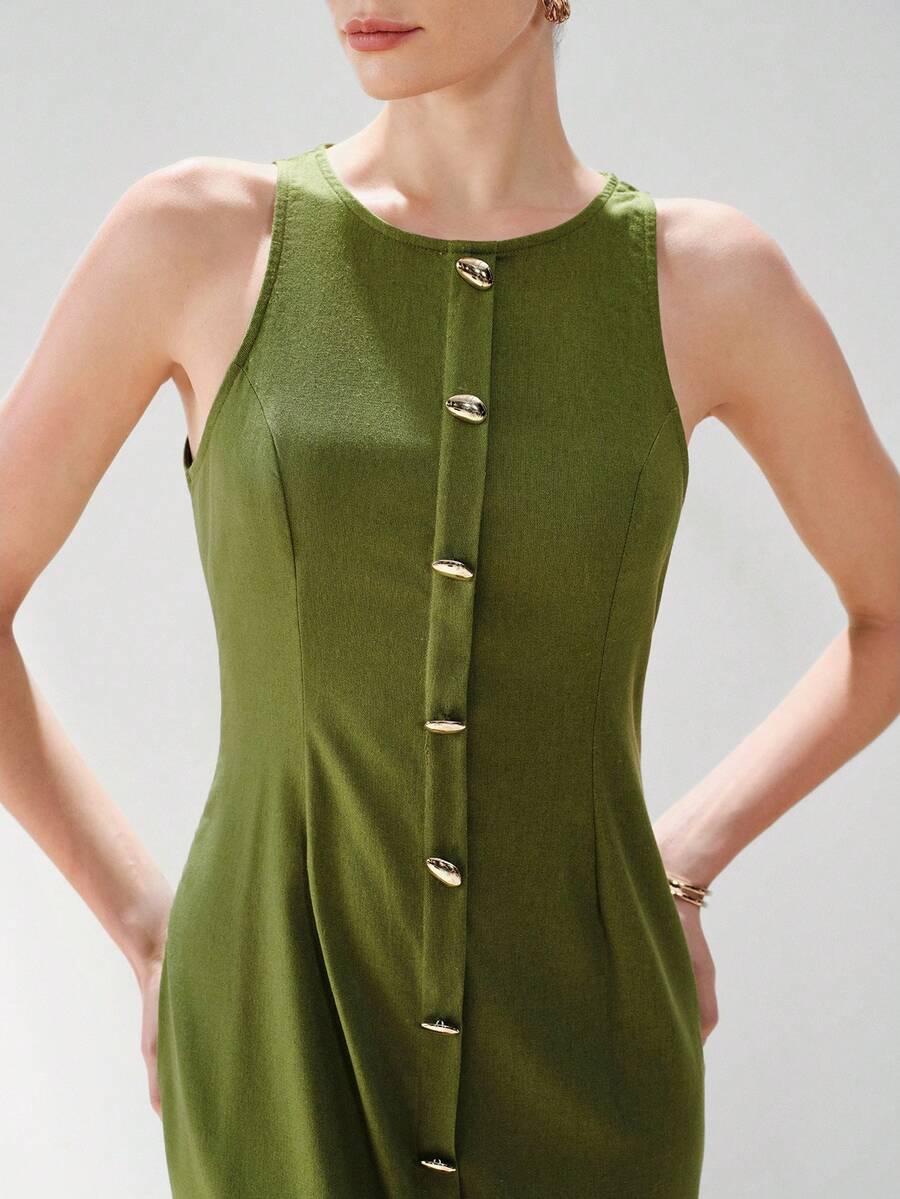 Aveloria Modichic Women's Olive Green Summer Elegant Tea Party Vacation Holiday Dress,Faux Linen Round Neck Asymmetric Metal Buckle Decor Waist Sleeveless Midi Dress - Green - View 1