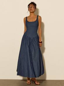 COSMINA Đầm denim dài không tay cổ chữ V sâu, xếp ly, thanh lịch dành cho nữ, đa năng cho đi làm, công sở, dạo phố, thắt eo, thích hợp cho đầu xuân. - Rửa tối - Xem 4