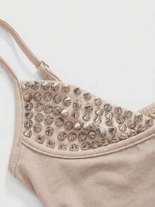 ROMWE Grunge Punk 性感万圣节暗黑朋克铆钉拼接女式上衣 - 杏色 - 查看 3