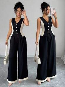 Elenzga Bộ đồ 2 mảnh thanh lịch dành cho nữ: Áo crop top không tay cổ chữ V phối màu tương phản và quần ống đứng, thích hợp cho mùa xuân/hè. - màu đen - Xem 1