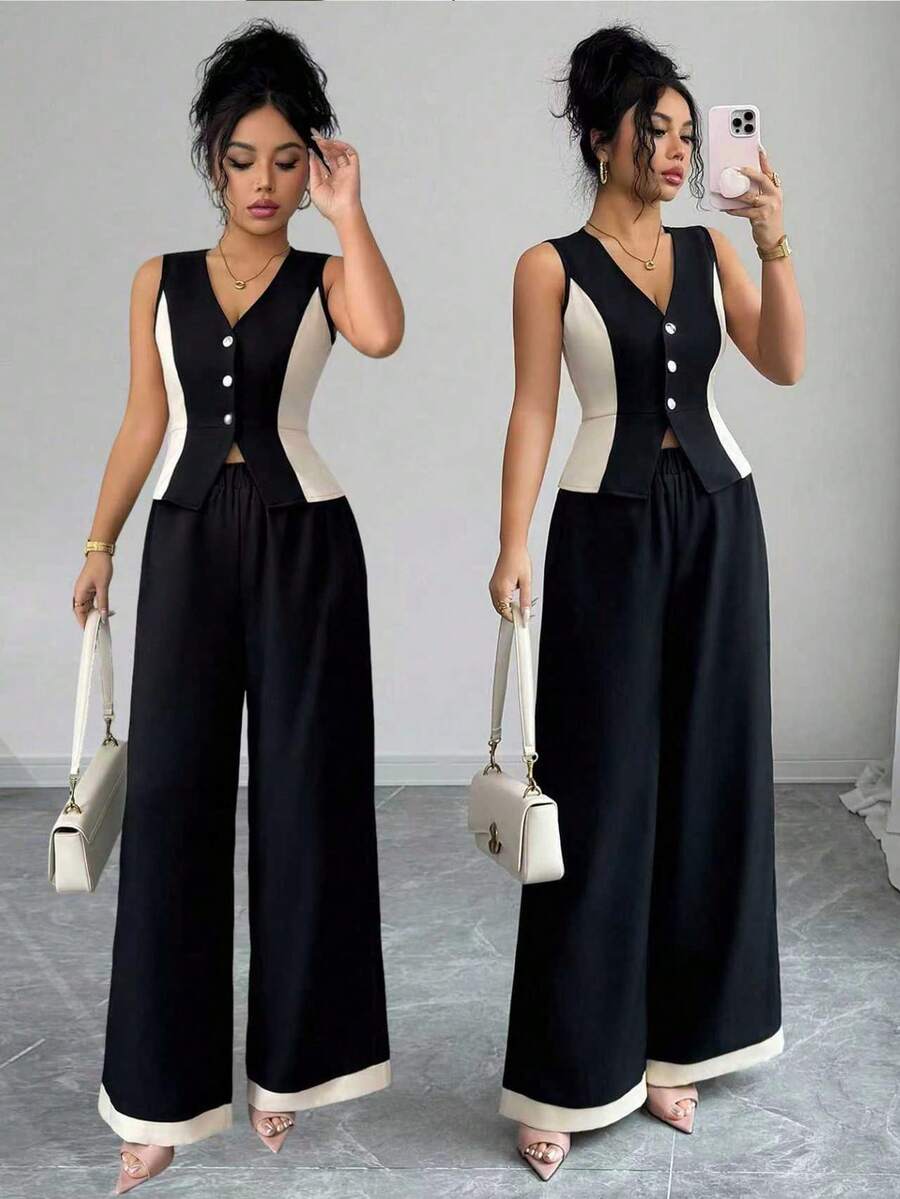 Elenzga Bộ đồ 2 mảnh thanh lịch dành cho nữ: Áo crop top không tay cổ chữ V phối màu tương phản và quần ống đứng, thích hợp cho mùa xuân/hè. - màu đen - Xem 1