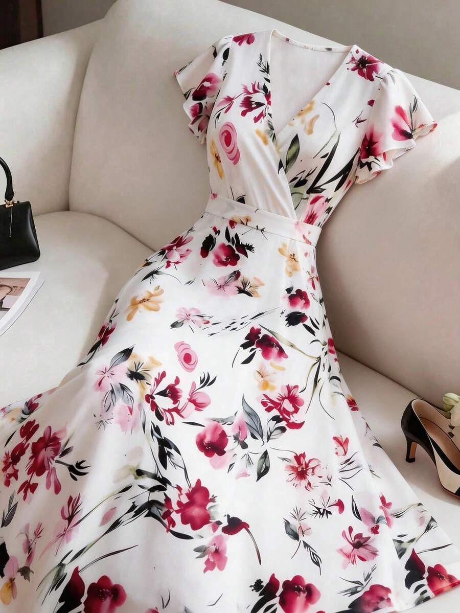 SHEIN Elenzya 大码女式V领印花优雅收腰派对连衣裙 - 彩色 - 查看 1