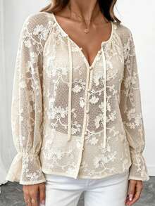 Silhoulove 1 Pack Women's Elegant Sexy White Floral Jacquard Knit Long Sleeve Top,V-Neck Pearl Buttons Flared Cuff Autumn Tea Party Golf Apricot Commute Blouse - Apricot - View 3