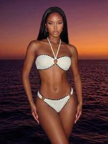 Vaytide Bộ bikini đơn giản và thời trang cho kỳ nghỉ của phụ nữ với họa tiết răng viền trang trí và dây đeo chéo mùa hè - trắng - Xem 1