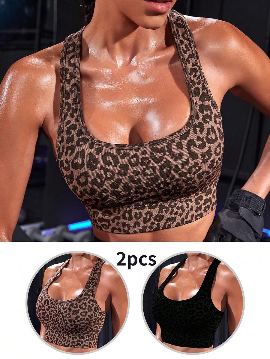 Velisys Velisys 2件組女款無縫豹紋高領賽車背高強度運動內衣,棕色夏季性感健身運動上衣,適合跑步、健身、瑜伽運動服 - 彩色 - 查看 1