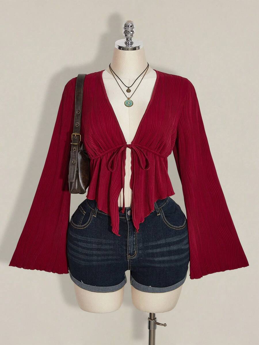 SHEIN ICON Áo cánh ngắn xếp ly tay chuông cổ chữ V sâu, màu trơn, phong cách nghỉ dưỡng thường ngày cỡ lớn dành cho nữ, mùa xuân/thu - Màu Đỏ Sâu - Xem 1