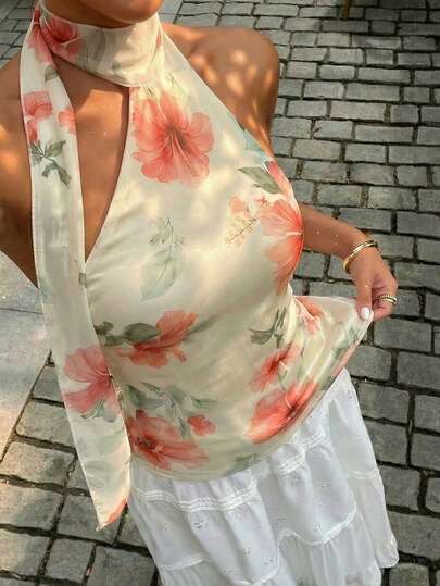 Sunnyshic Nueva llegada primavera/verano 2026 Blusa elegante plisada y ajustada con estampado