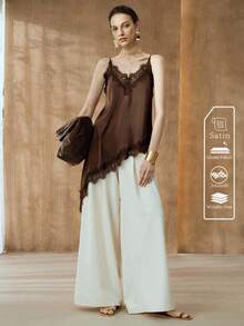 Arave 女士V领无袖蕾丝边拼接梭织面料休闲吊带衫 - 巧克力棕 - 查看 4