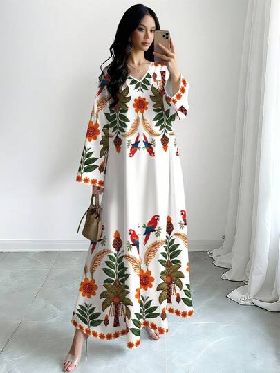 SHEIN Najma Parrot & Palm Tree Floral Print Maxi Dress, V-Neck Long Sleeve Bohemian Style Maxi Dress, Elegant Maxi Dress For Spring/Summer, Suitable For Beach Vacation And Daily Wear