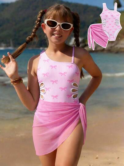 SHEIN Tween Girl Striped Bow Decor One-Piece Swimsuit And Mini Skirt Set, Suitable For Beach Vacation, Pool Party, Beach Party