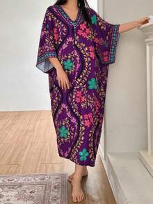 Floral Print V-Neck Loose Women Nightgown, Winter, Moo Moo Night Dress - Purple - View 2