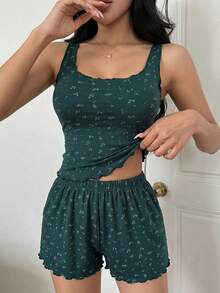 DAZY 2pcs Women Ditsy Floral Knit Sleeveless Tank Top And Shorts Pajama Set, Comfortable - Green - View 4