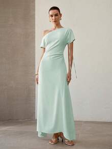 MOTF PREMIUM ELEGANT ASYMMETRICAL NECK LONG DRESS FOR WOMEN - Mint Green - View 6