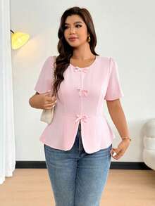 Easura Áo sơ mi tay ngắn cổ tròn cỡ lớn có nơ trang trí. - Hồng - Xem 4