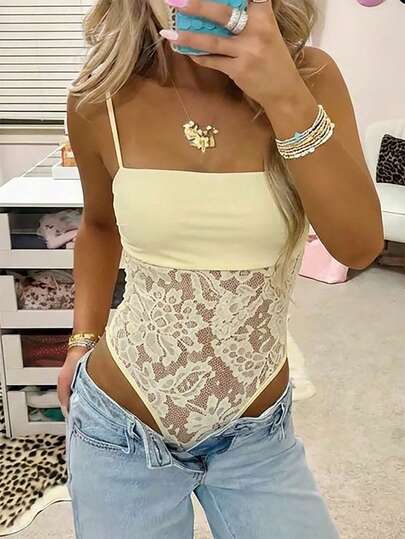 Aloruh Yellow Knit Lace Patchwork Bodysuit,Y2K,Elegant And Sexy Knitted Bodysuit,Beach Vacation, Leisure, Commuting,Going Out,Date Night,Concert Outfit Women,Country Concert Outfit