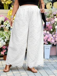 SHEIN CURVE+ Curve 尺码 US22 音乐节、海滨度假、波西米亚风女士刺绣休闲度假裤 - 白色 - 查看 5