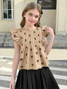 SHEIN Áo kiểu tay ngắn cổ tròn dáng rộng in nơ cho bé gái tuổi teen - Màu Khaki - Xem 2