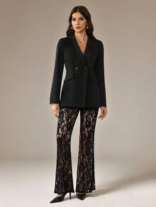 SHEIN Tall Women's Elegant Loose Double-Breasted Long Sleeve Blazer Jacket And Flared Lace Pants Set, Spring/Autumn Black Suit - Black - View 5