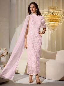 Modelyn Spring & Summer Elegant 3D Embroidered Floral Patchwork Chiffon Cinched Waist Dress - Pink - View 7