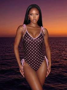 Bonvoyette Swim Mod-D 女士波点随机印花细肩带系带连体泳衣，春夏款 - 彩色 - 查看 3