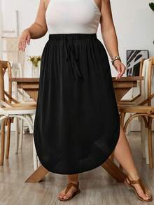 SHEIN CURVE+ Chân váy trơn màu trơn, cạp chun, gấu cong. - màu đen - Xem 7