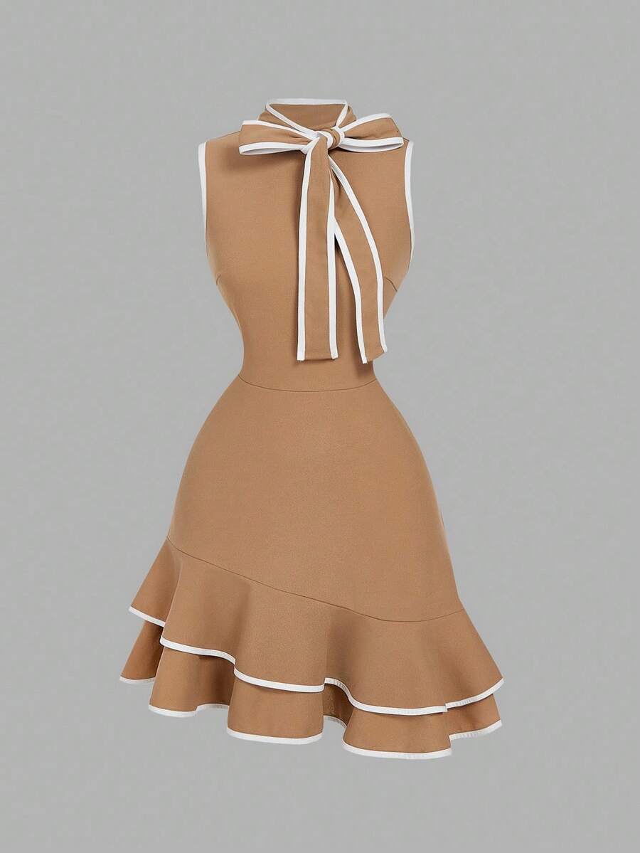 SHEIN MOD 女式无袖蝴蝶结领连衣裙 - 卡其色 - 查看 1