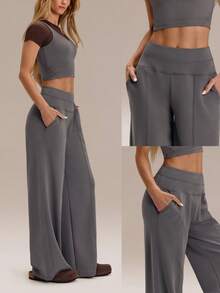 GLOWMODE 30" Regular SoftCalm Modal Silk Touch Wide Leg High Waist Lounge Pants With Side Pockets Daily Casual Spring Summer - Dark Grey - View 9