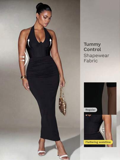 INAWLY Chân váy hai lớp ôm bụng dành cho nữ, có lớp lót định hình, eo bó, lưng nhún, gấu váy đuôi cá, thích hợp mặc thường ngày/công sở/dự tiệc, màu đen, mùa thu/đông.