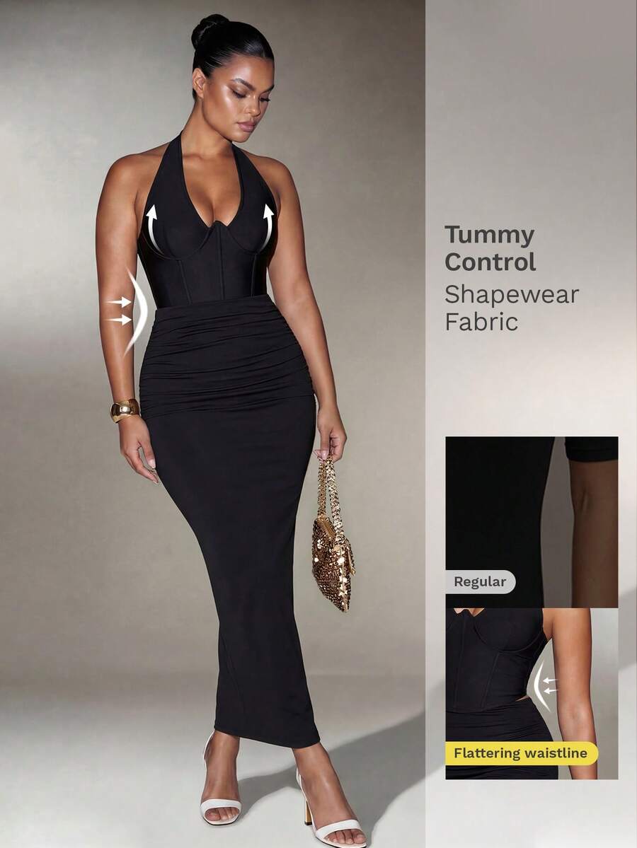 INAWLY Chân váy hai lớp ôm bụng dành cho nữ, có lớp lót định hình, eo bó, lưng nhún, gấu váy đuôi cá, thích hợp mặc thường ngày/công sở/dự tiệc, màu đen, mùa thu/đông. - màu đen - Xem 1