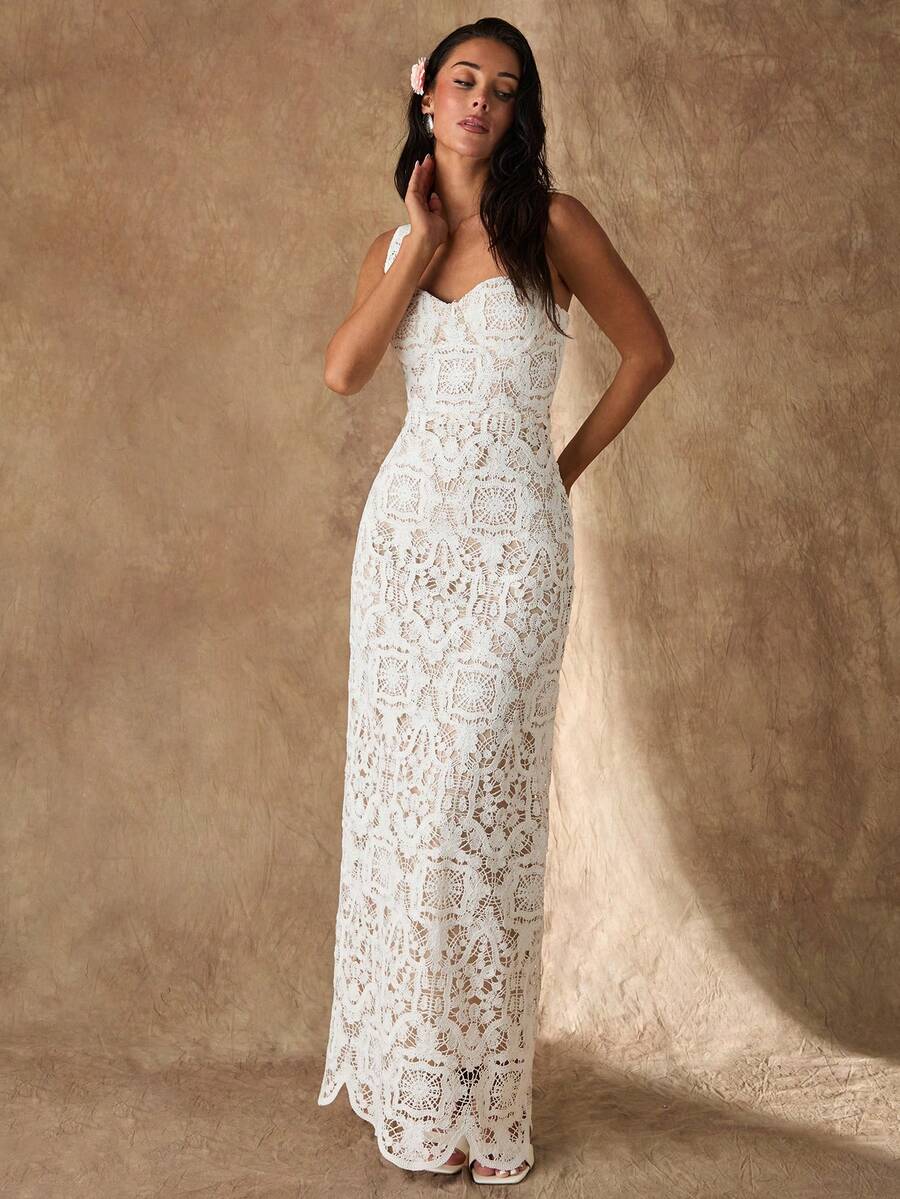 SHEIN PETITE Vestido de mujer elegante con tirantes de encaje - Blanco - Ver 1