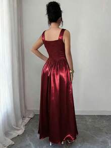 SHEIN Elenzya 大码女式夏季法式复古优雅方领A字连衣裙，带口袋，红色复古优雅度假连衣裙 - 酒紅色 - 查看 2